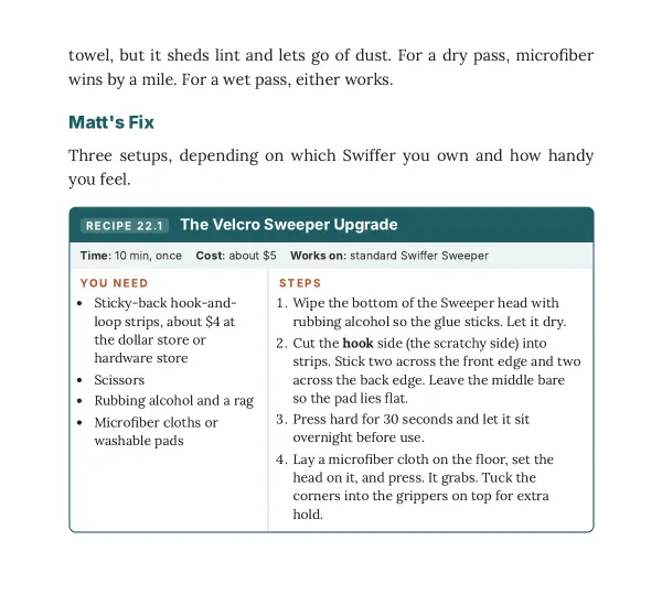 Recipe card 22.1: The Velcro Sweeper Upgrade, with time, cost, what you need and steps